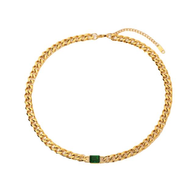 18K emerald ruby cubic zircon cuban link chain stainless steel necklace