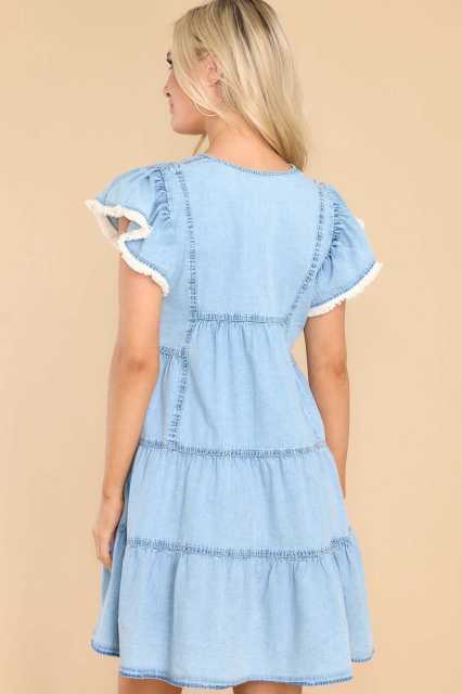 Summer sweet light blue denim babydoll dress