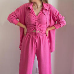 3pcs set casual plain color blouse pants  set