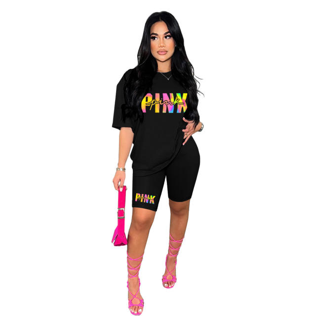 Color matching pink letter popular tight shorts tops set