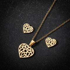 Concise hollow out heart pendant dainty stainless steel necklace set