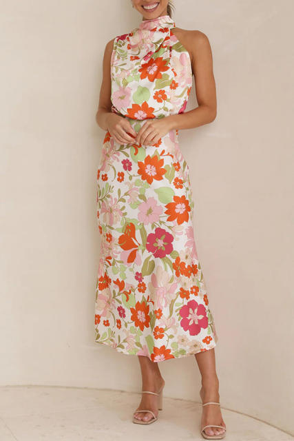 Summer elegant floral pattern satin halter neck women maxi dress
