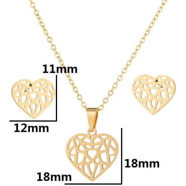 Concise hollow out heart pendant dainty stainless steel necklace set