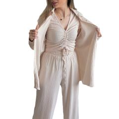 3pcs set casual plain color blouse pants  set