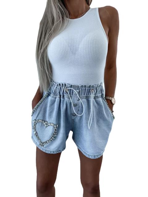 Summer rhinestone heart denim shorts