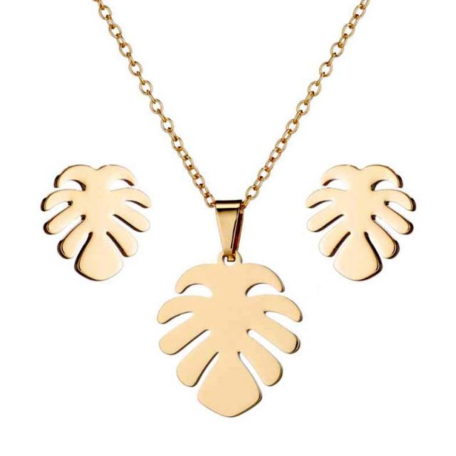 Vintage palm leaf stainless steel necklace set