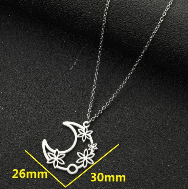 Dainty flower moon pendant stainless steel necklace