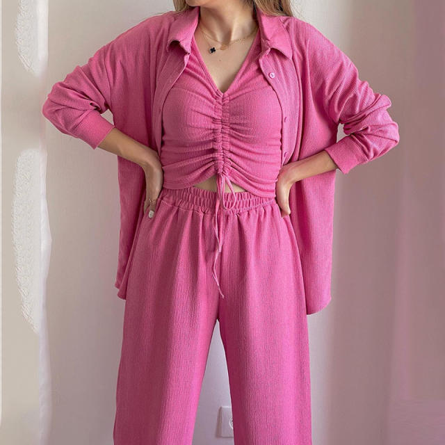3pcs set casual plain color blouse pants  set