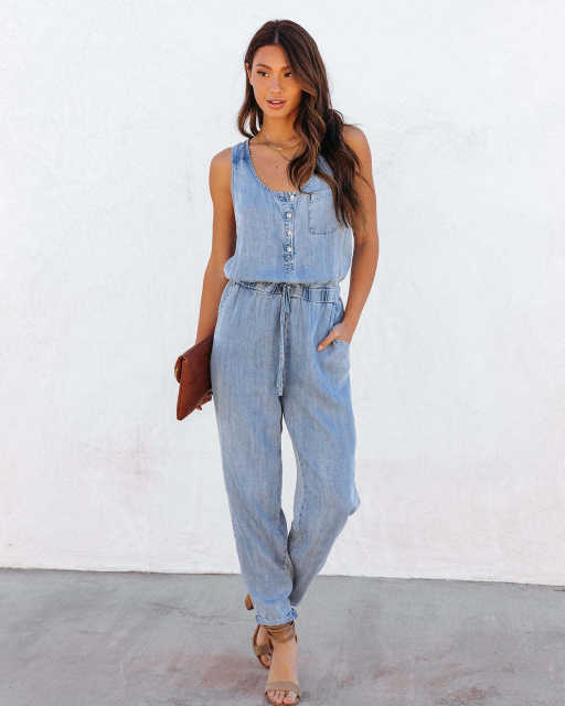 Summer casual classic denim women jumpsuit rompers