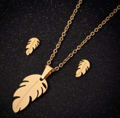 Boho leaf feather pendant dainty stainless steel necklace set