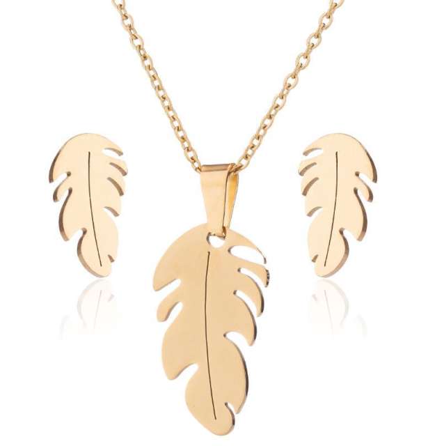 Boho leaf feather pendant dainty stainless steel necklace set
