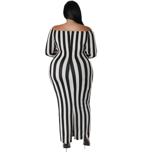 Plus size black white stripe bodycon off shoulder dress