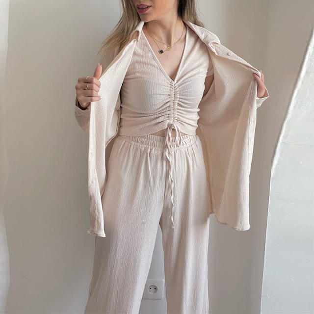 3pcs set casual plain color blouse pants  set
