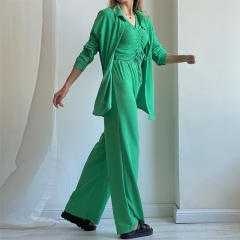 3pcs set casual plain color blouse pants  set