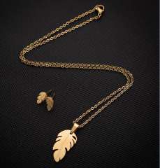 Boho leaf feather pendant dainty stainless steel necklace set