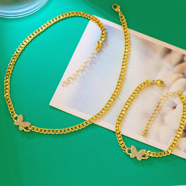 Hiphop diamond butterfly cuban link chainc opper necklace set
