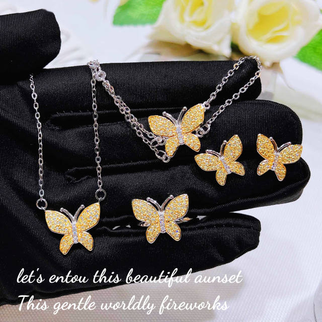 Delicate pave setting topaz cubic zircon butterfly copper necklace set