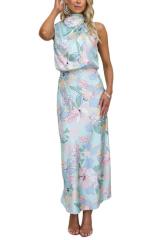 Summer elegant floral pattern satin halter neck women maxi dress