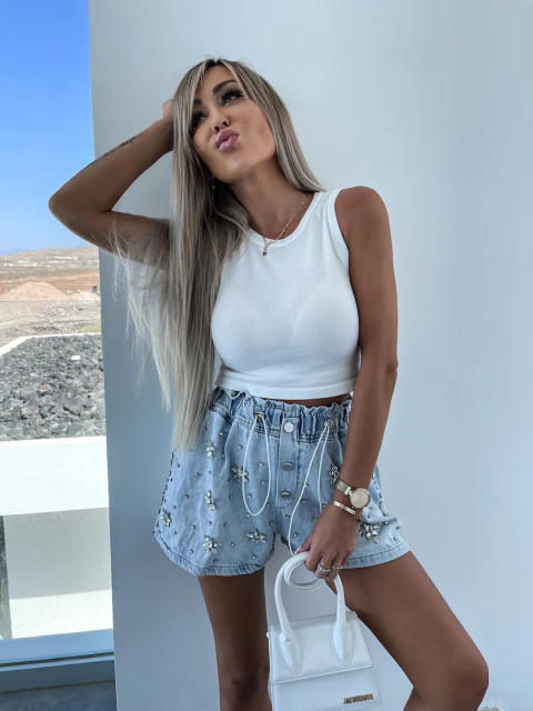 Summer rhinestone heart denim shorts
