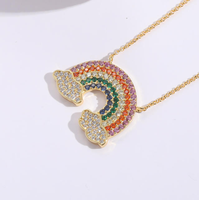 14K real gold plated rainbow cz pave setting dainty rainbow necklace