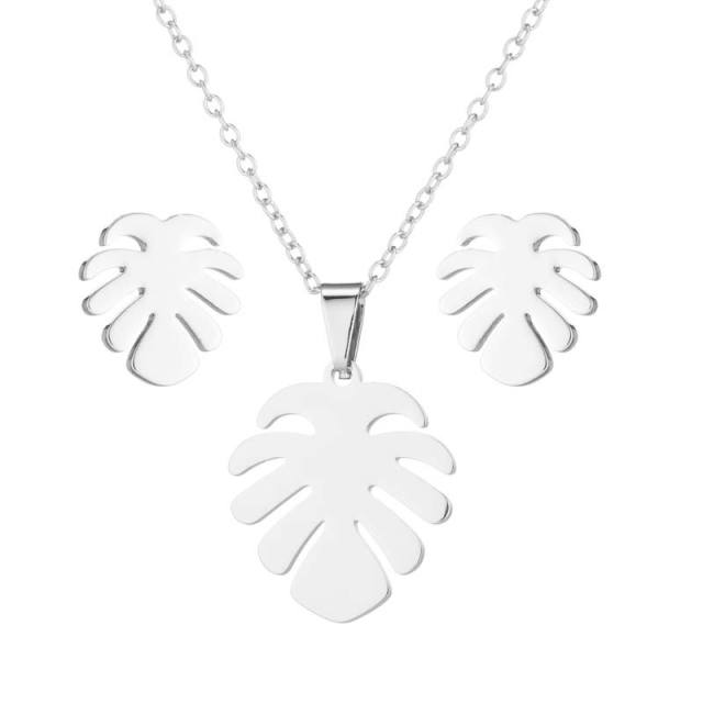 Vintage palm leaf stainless steel necklace set