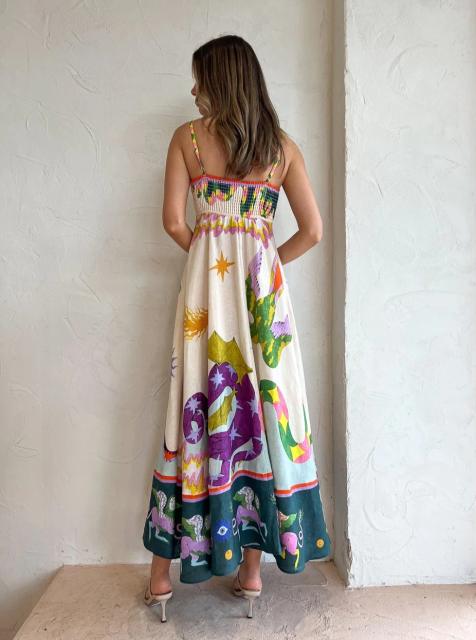 Summer color pattern slip maxi dress holiday dress
