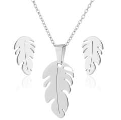 Boho leaf feather pendant dainty stainless steel necklace set