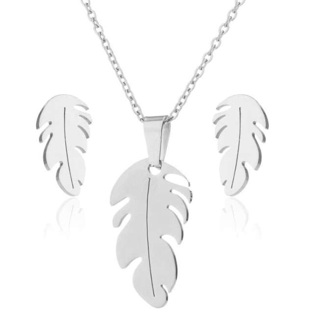 Boho leaf feather pendant dainty stainless steel necklace set
