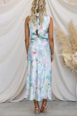 Summer elegant floral pattern satin halter neck women maxi dress