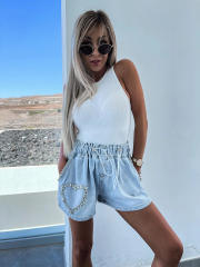 Summer rhinestone heart denim shorts