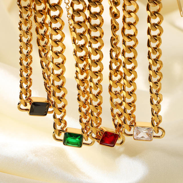 18K emerald ruby cubic zircon cuban link chain stainless steel necklace