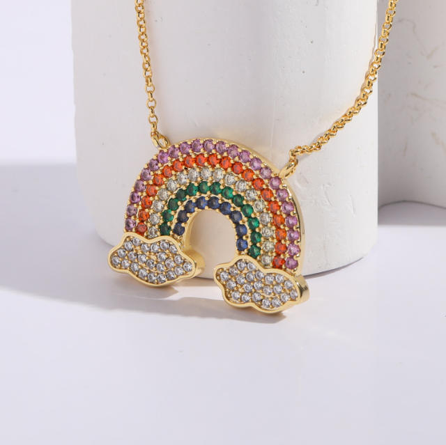 14K real gold plated rainbow cz pave setting dainty rainbow necklace