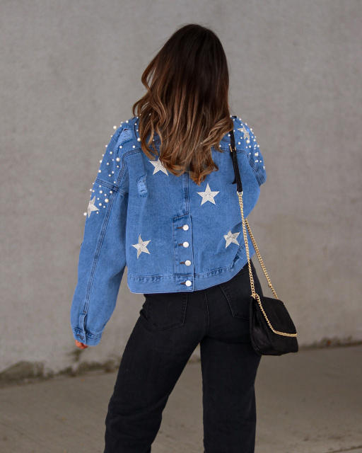 Amazon hot sale star handmade pearl denim short jacket
