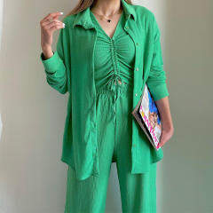 3pcs set casual plain color blouse pants  set