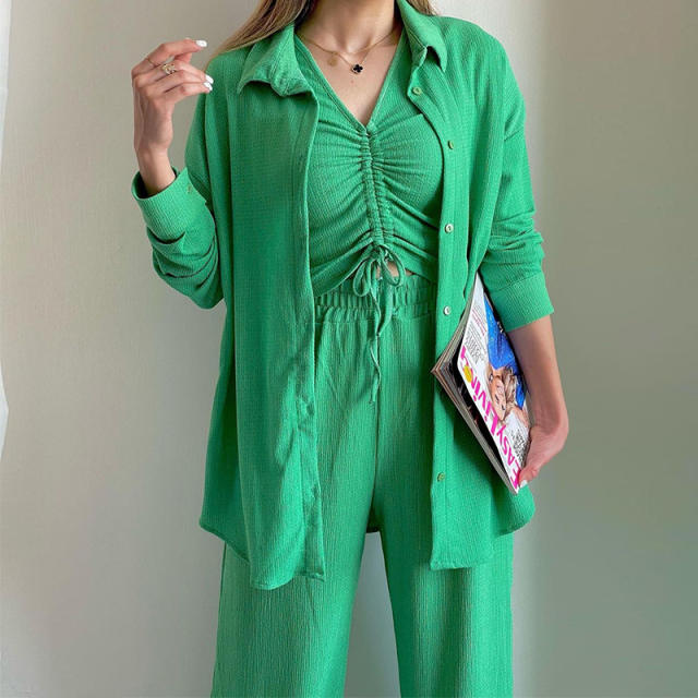 3pcs set casual plain color blouse pants  set