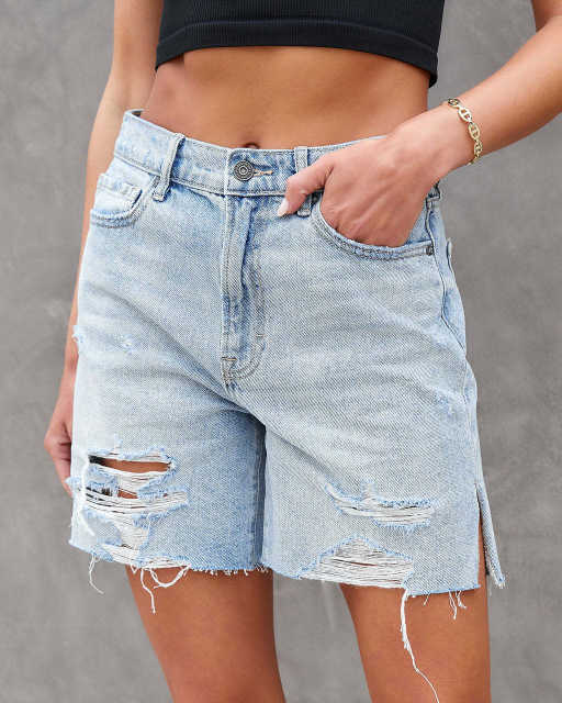 Summer ripped denim bermuda shorts for women