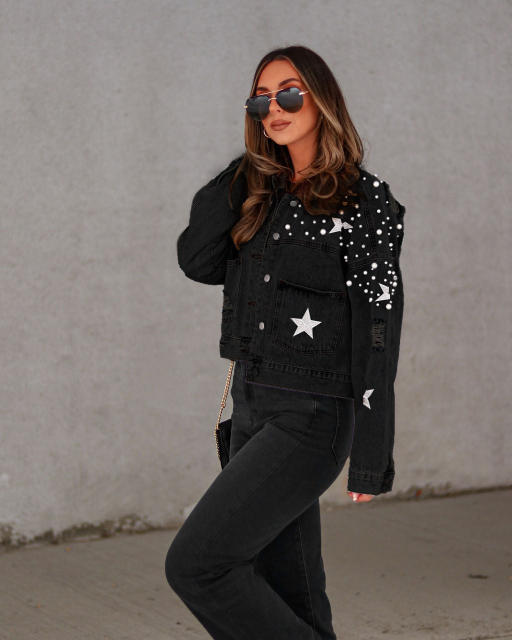 Amazon hot sale star handmade pearl denim short jacket