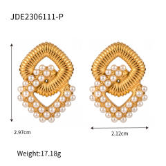 18K geometric square pearl bead stainless steel earrings