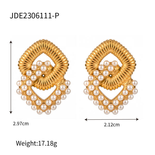18K geometric square pearl bead stainless steel earrings