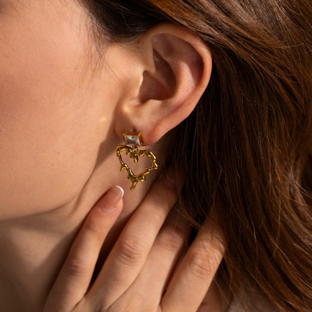18KG lava shape heart cubic zircon stainless steel earrings