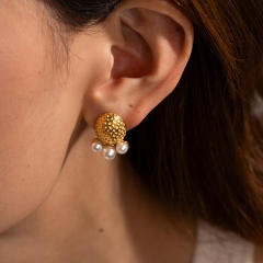 18K gold plated pearl short tassel stainless steel earrings