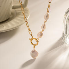 Vintage baroque pearl pendant stainless steel necklace