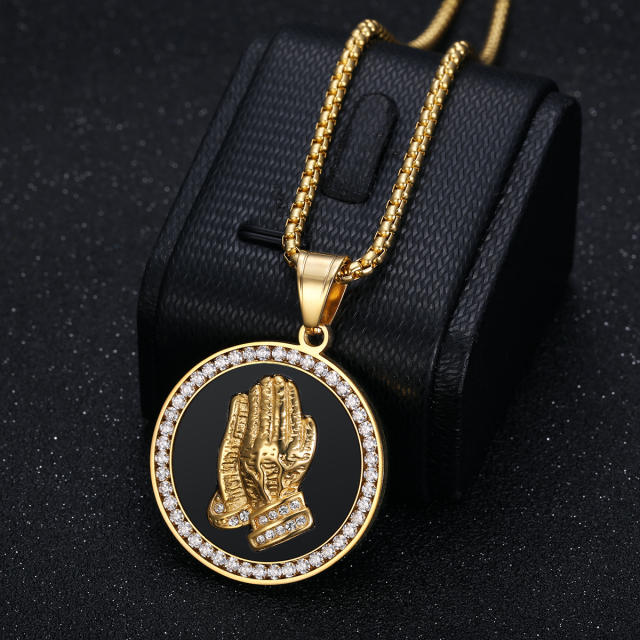 Hiphop pray hand round pendant stainless steel necklace for men