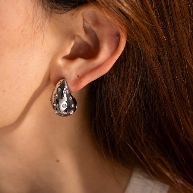 Hot sale chunky teardrop cubic zircon stainless steel earrings