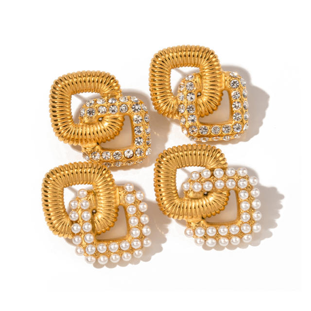 18K geometric square pearl bead stainless steel earrings