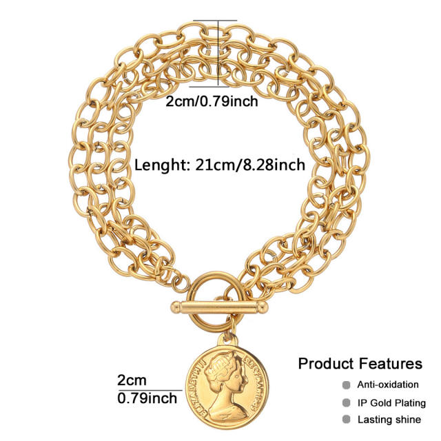 Hiphop stainless steel chain bracelet necklace set with portrait coin charm