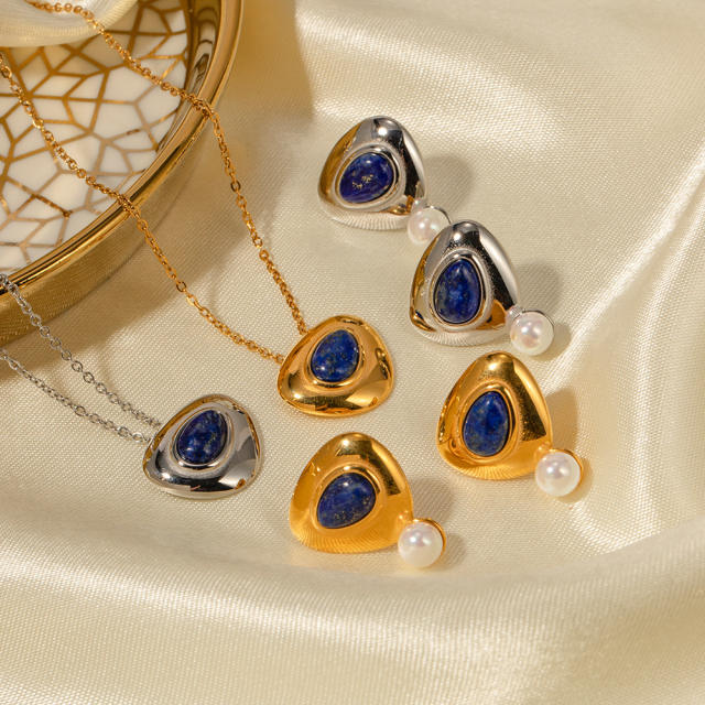 Summer triangle lapis lazuli statement stainless steel  pendant necklace set