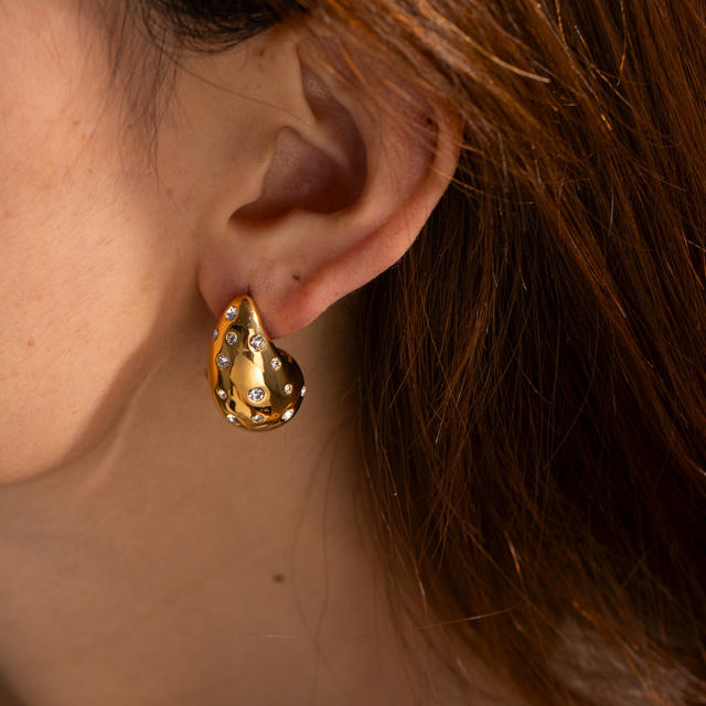 Hot sale chunky teardrop cubic zircon stainless steel earrings