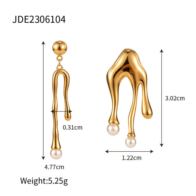 18K lava shape pearl bead stainless steel asymmetrical earrings
