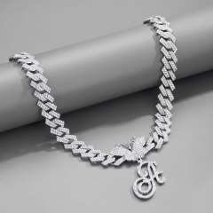 Hiphop diamond butterfly initial letter charm choker necklace